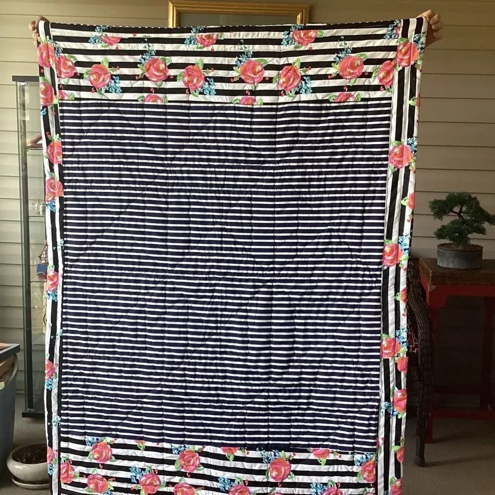 NWT. Hand Crafted Pink and Black Striped With Roses Floral Quilt